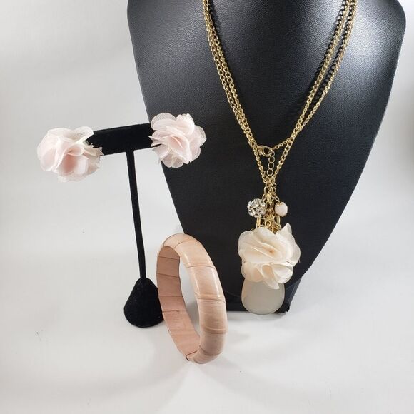 3 pc set pink poof flower earrings charm necklace - Picture 2 of 5